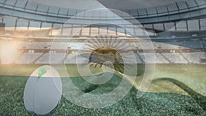 Animation of waving flag of argentina over stadium with rugby ball