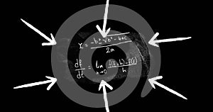 Animation of white arrows pointing to mathematical equations on blackboard