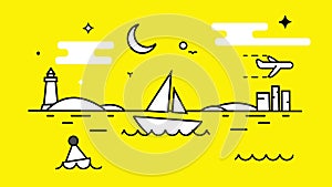Animation. a white boat swinging on the waves, a lighthouse, a night with a moon and stars. bright yellow background