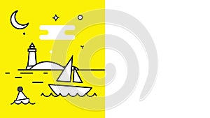 Animation. a white boat swinging on the waves, a lighthouse, a night with a moon and stars. bright yellow background