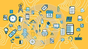 Animation of white contour lines over drawn business, office and media icons on yellow background