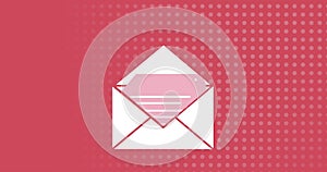 Animation of white envelope email icon on rows of dots on red background