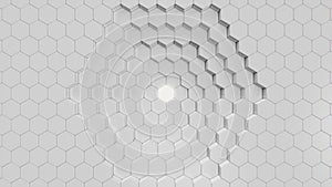 Animation of white geometric hexagon abstract background. Polygon surface with luminous hexagon in the center, hexagonal