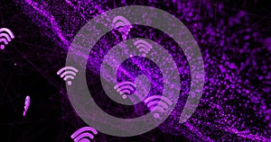 Animation of wifi icons over light spots and network of connections on black background