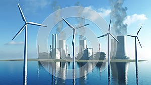 Animation of wind turbines and a nuclear power plant