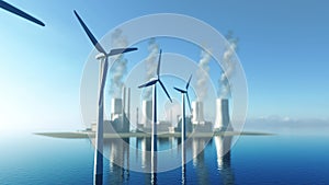 Animation of wind turbines and a nuclear power plant in the background