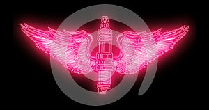 Animation of winged spark plug from glowing neon lines flames
