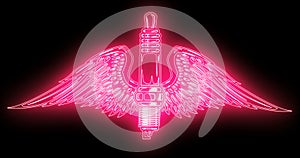 Animation of winged spark plug from glowing neon lines flames
