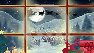 Animation of winter christmas scene with houses and santa sleigh seen through window