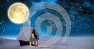 Animation of winter scenery with house, full moon and snow falling