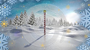 Animation of winter scenery and north pole over snow falling