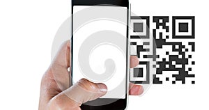 Animation of woman scanning qr code with smartphone on white background