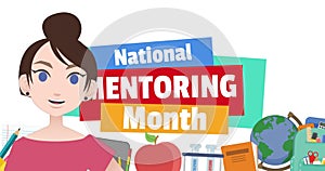 Animation of woman talking over national mentoring month text and school icons