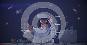 Animation of woman wearing vr headset touching virtual screen with 3d model spinning