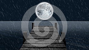 Animation of wooden jetty over sea, rain and full moon on night sky in background