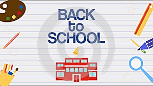 Animation of words Back to School with multiple school items. School and education concept.