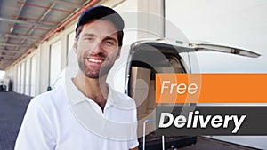 Animation of words Free Delivery written in white on orange and grey banners with male van drive