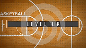 Animation of the words level up over basketball court