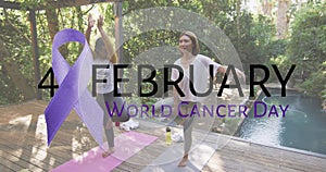 Animation of world cancer day over diverse women practicing joga outdoors