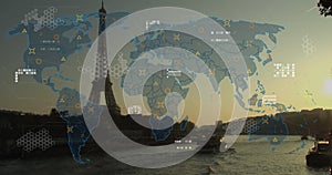 Animation of world map and data processing over paris landscape