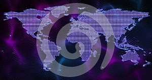 Animation of world map over purple shapes on black background