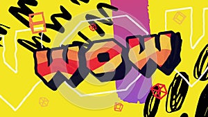 Animation of wow text in red, orange and yellow over vibrant abstract shapes on yellow background