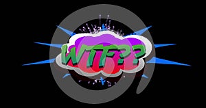 Animation of wtf text over fireworks on black background