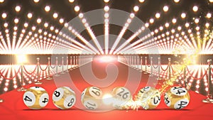 Animation of yellow firework over golden lottery balls at red carpet venue