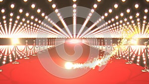 Animation of yellow firework over red carpet venue with paparazzi flashbulbs