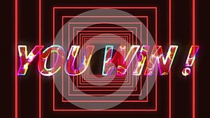 Animation of you win text in glowing letters over neon square geometric tunnel