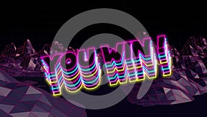 Animation of you win text over neon pattern background