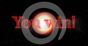 Animation of you win text in red glowing letters over explosion of red fireworks