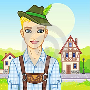 Animation young man of the European appearance in ancient Bavarian clothes.