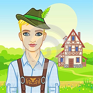 Animation young man of the European appearance in ancient Bavarian clothes.