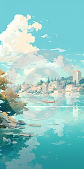 Anime Aesthetic Painting: Serene Lake With Boat In Villagecore Style