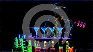 Anime. Animation. Barmen show. Performance. Barmaid is mixing and pouring alcohol into glass, on total black background
