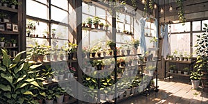 anime background, greenhouse, garden, botanical, generative ai