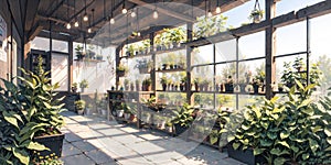 anime background, greenhouse, garden, botanical, generative ai