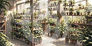 anime background, greenhouse, garden, botanical, generative ai