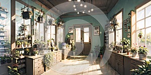 anime background, greenhouse, garden, botanical, generative ai
