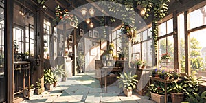 anime background, greenhouse, garden, botanical, generative ai