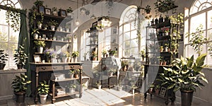 anime background, greenhouse, garden, botanical, generative ai