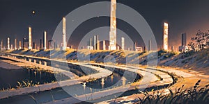 anime background, landscape, golden river, field, panorama, generative ai