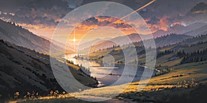 anime background, landscape, golden river, field, panorama, generative ai