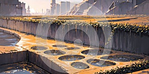 anime background, landscape, golden river, field, panorama, generative ai