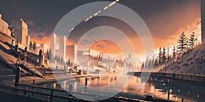 anime background, landscape, golden river, field, panorama, generative ai