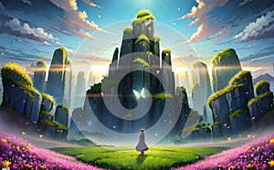 Anime backround fantasy illustration game enviornment fairyland landscape illustration for childrens books,