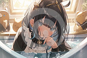 Anime beautiful girl taking a bath in a luxuty othel manga style illustration generative ai