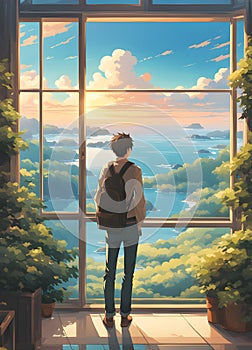 Anime boy Enjoying the landscape nature