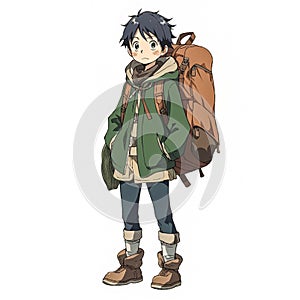 anime boy hanging travel luggage beg on shoulders on white background generative AI